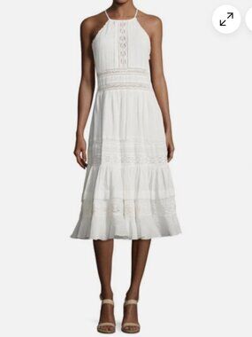 Rebecca Taylor Gauze Linen Cotton Lace Tiered halter Dress Size 0 White
